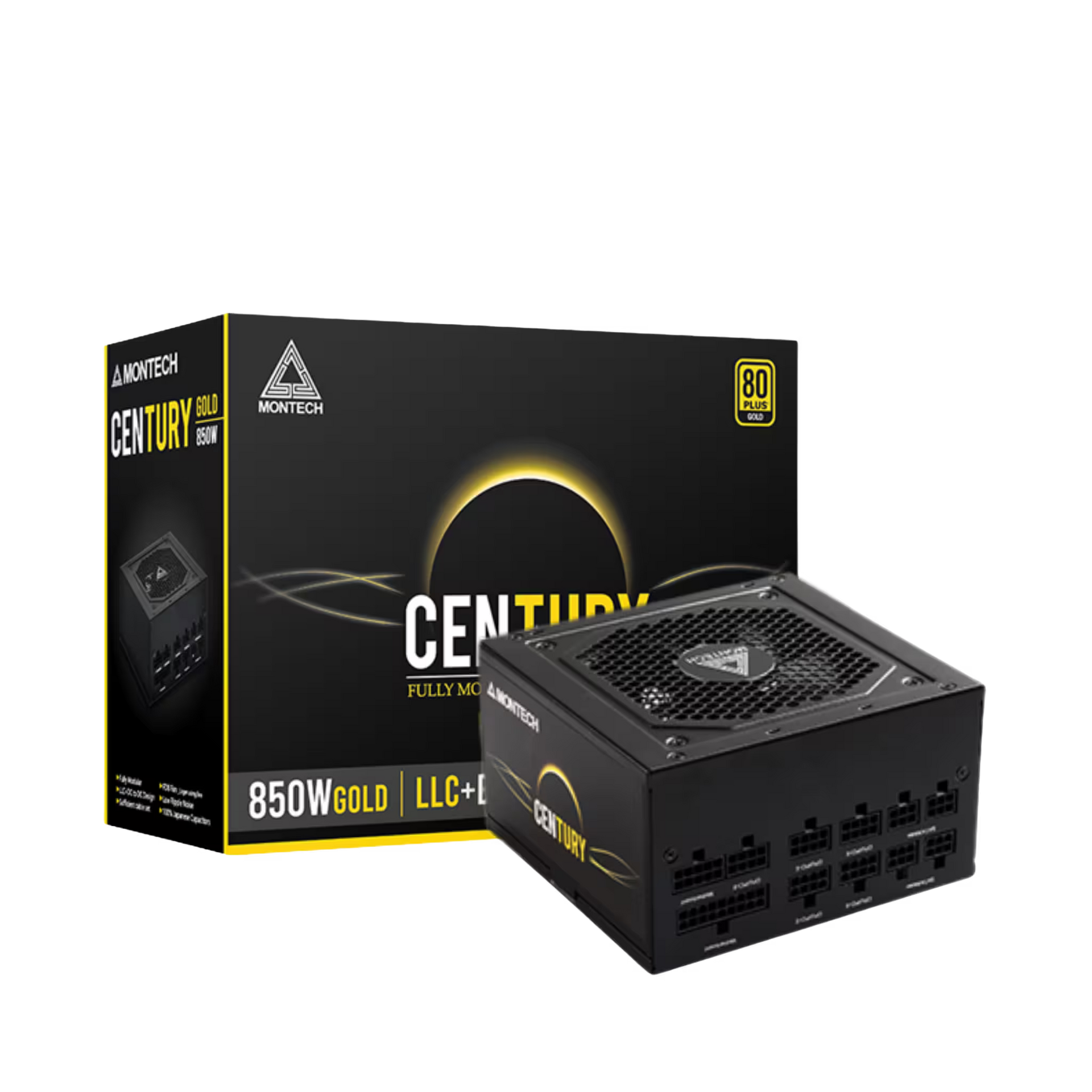 Montech Century 850W Gold LLCR power supply shown with its retail box on a plain white background.