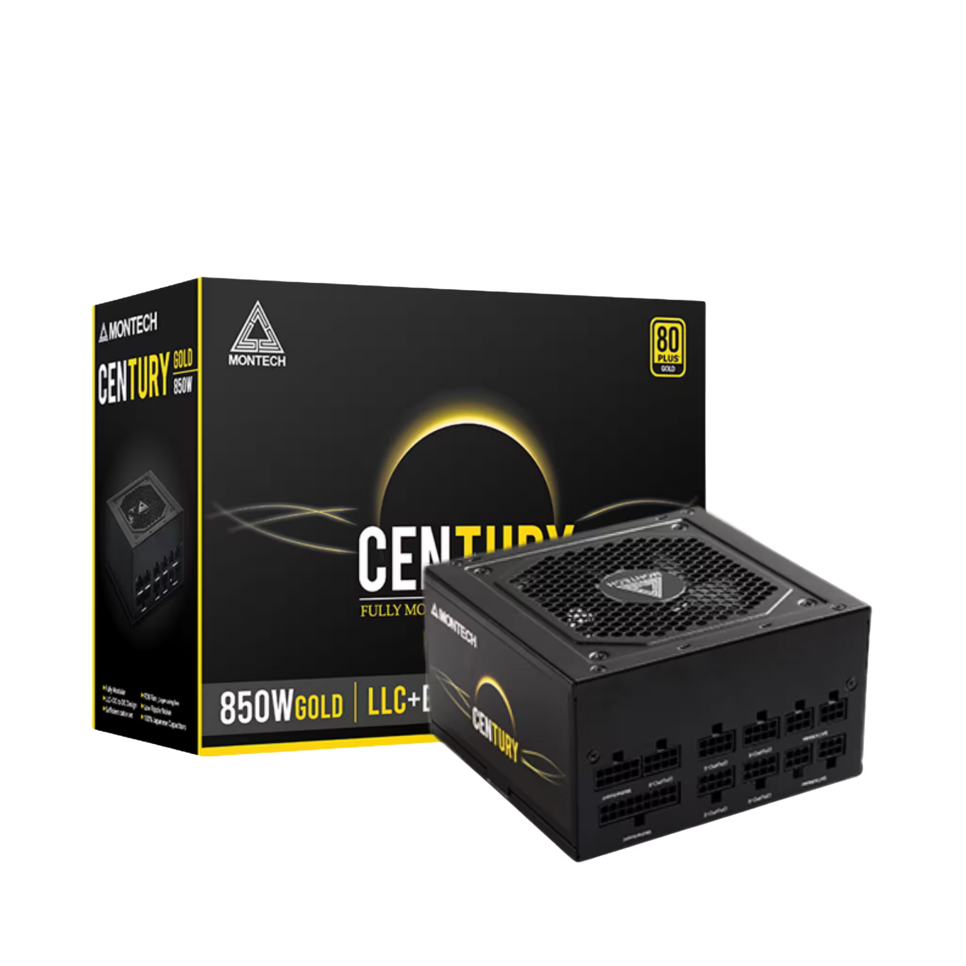Montech Century 850W Gold LLCR power supply shown with its retail box on a plain white background.
