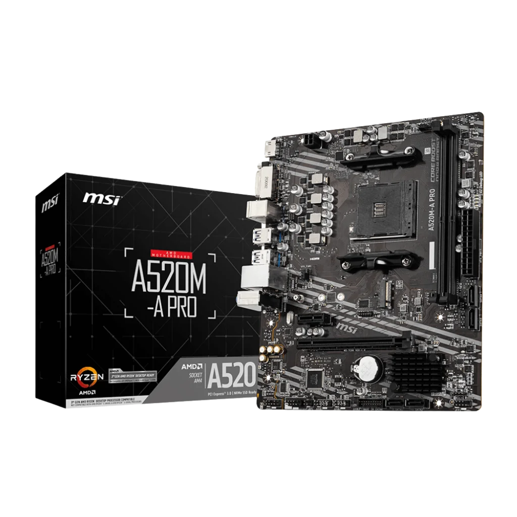MSI motherboard and packaging on a white background