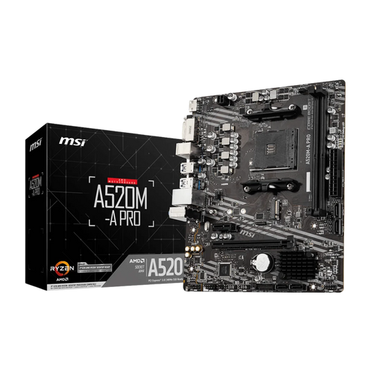 MSI motherboard and packaging on a white background