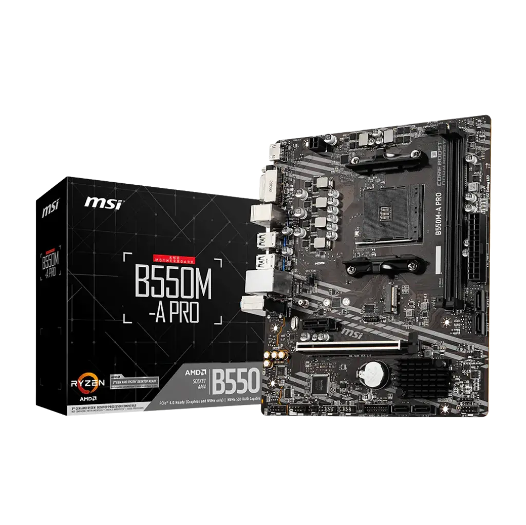 MSI B550M-A PRO motherboard with packaging on a white background