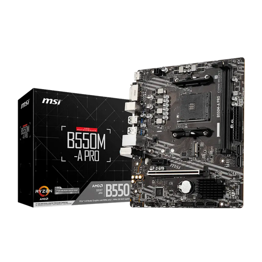 MSI B550M-A PRO motherboard with packaging on a white background