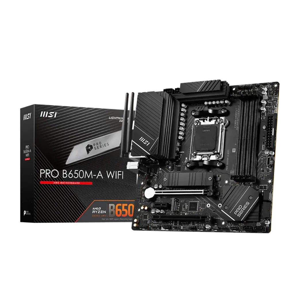 MSI Pro B650M-A WiFi motherboard with packaging on a white background