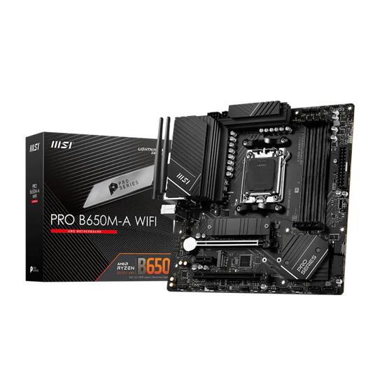 MSI Pro B650M-A WiFi motherboard with packaging on a white background