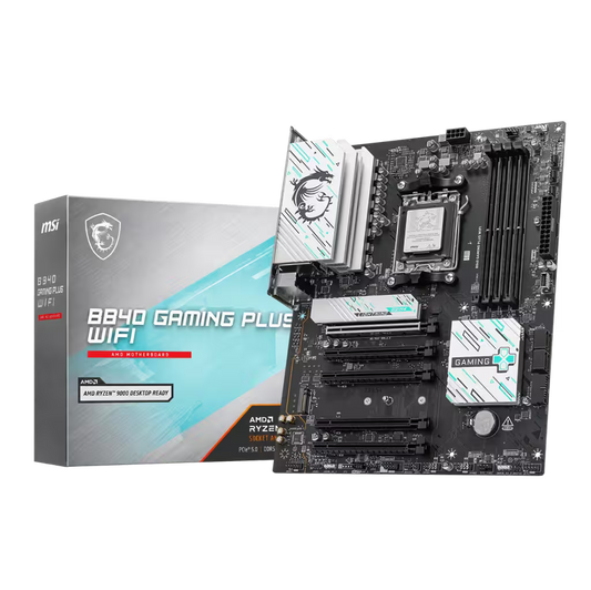 MSI MPG BB40 Gaming Plus WiFi LGA 1700 AM4 CPU motherboard shown next to its retail packaging box on a clean white background.