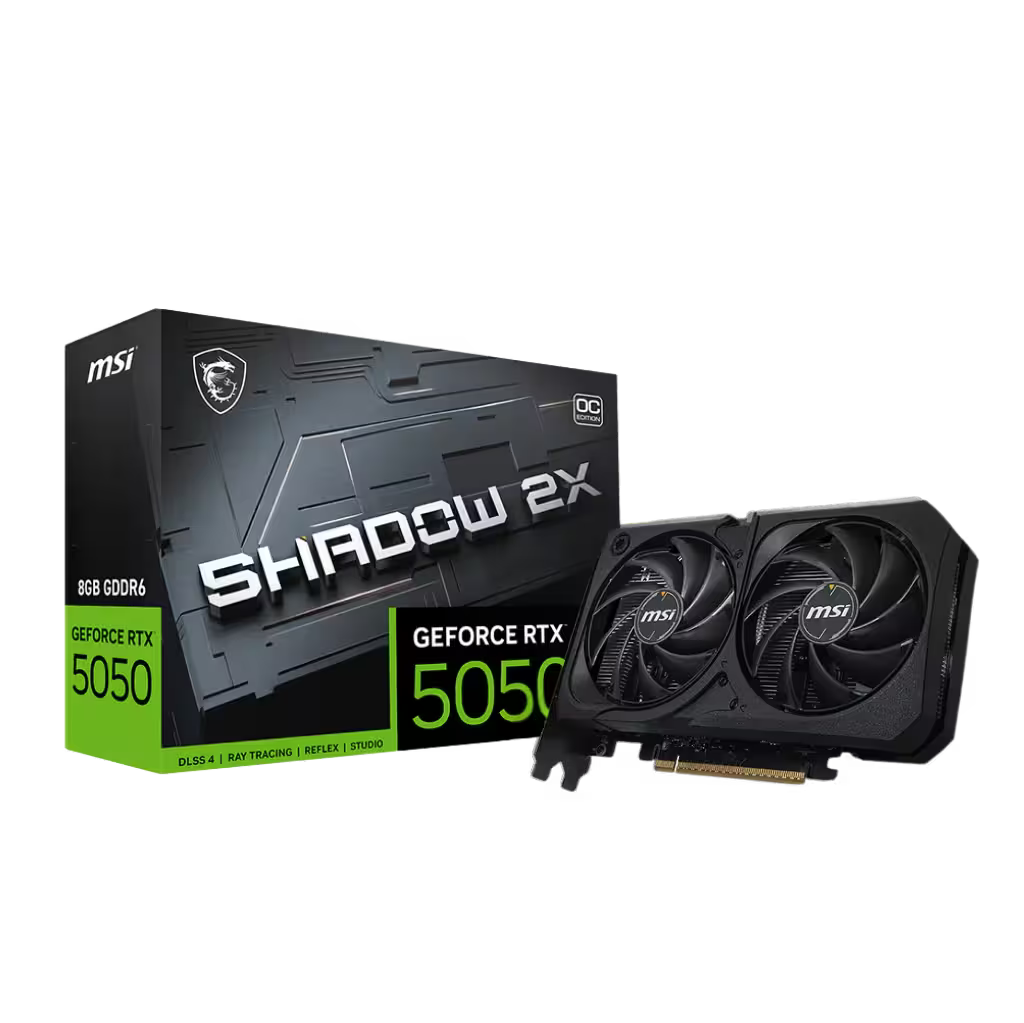 MSI GeForce RTX 5050 graphics card and packaging on a white background