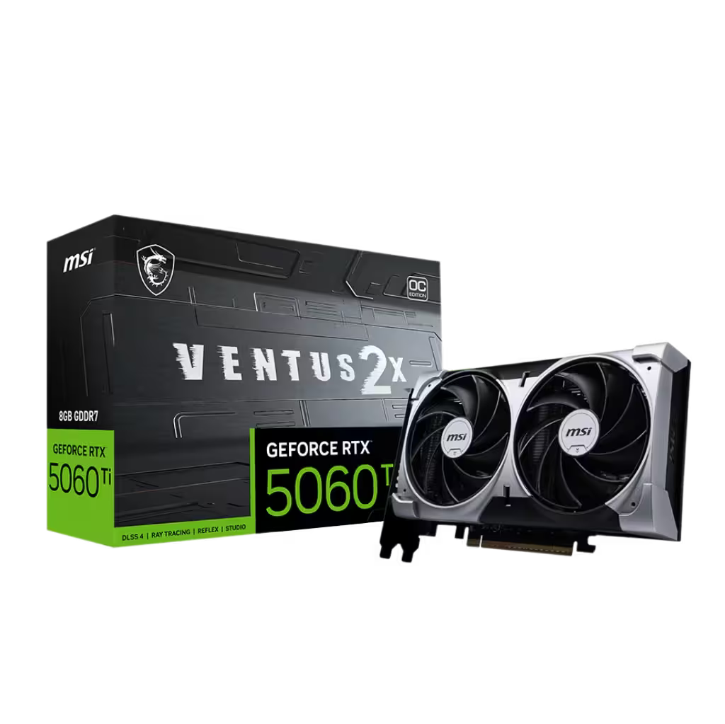 MSI GeForce RTX 5060 Ti graphics card shown next to its retail packaging box on a solid white background.
