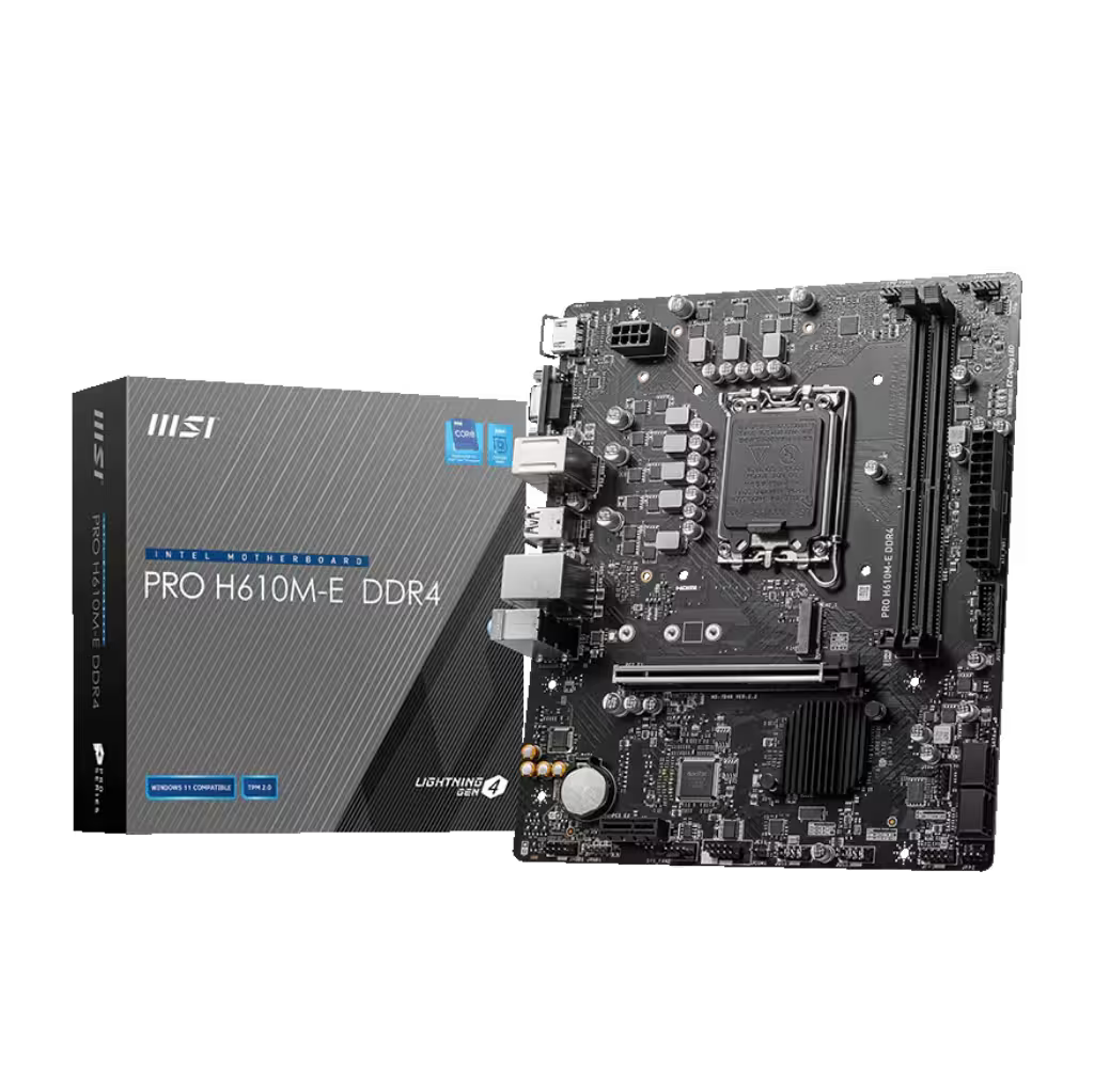 MSI Pro H610M-E DDR4 motherboard shown next to its retail box on a plain white background.