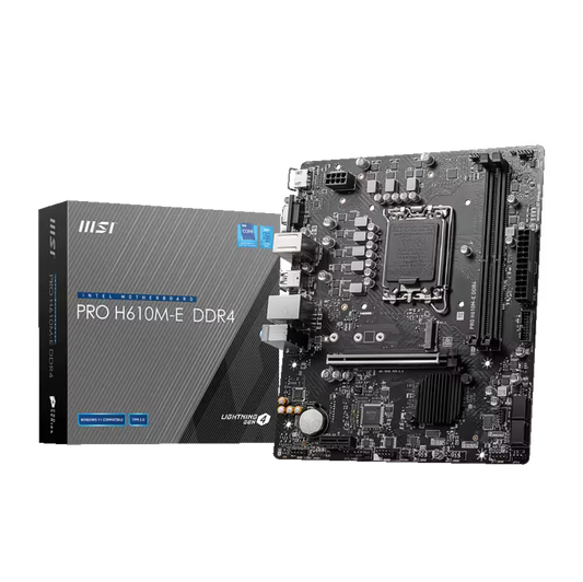 MSI Pro H610M-E DDR4 motherboard shown next to its retail box on a plain white background.