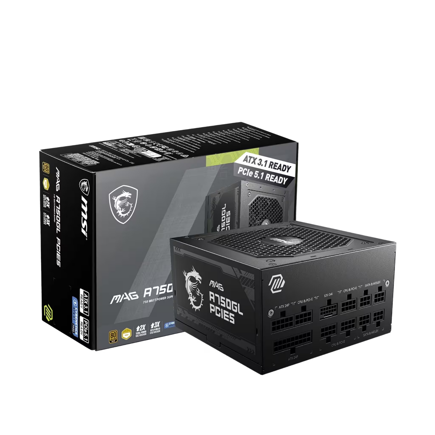 MSI MAG A750GL PCIE5 750W PCIe5 power supply unit shown in front of its retail packaging box on a plain white background.