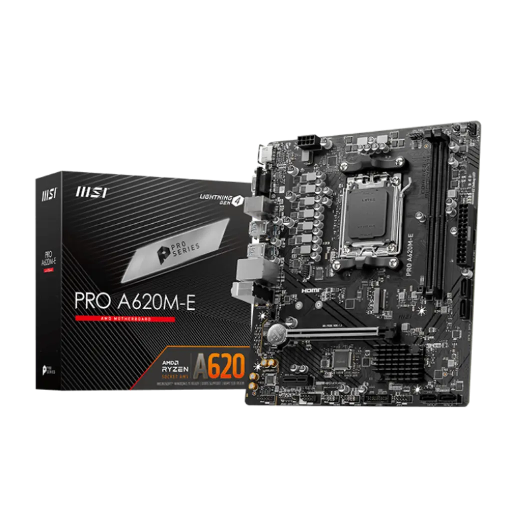 MSI Pro A620M-E motherboard and packaging on a white background