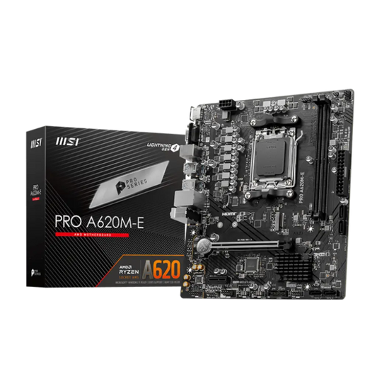MSI Pro A620M-E motherboard and packaging on a white background
