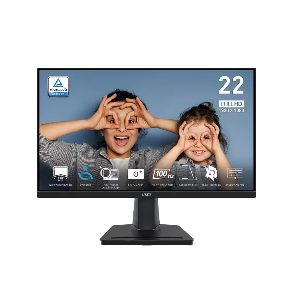A 22-inch black LED computer monitor with a stand, shown on a white background. The screen displays a blue-themed wallpaper with a photo of a mother and child and various feature icons.