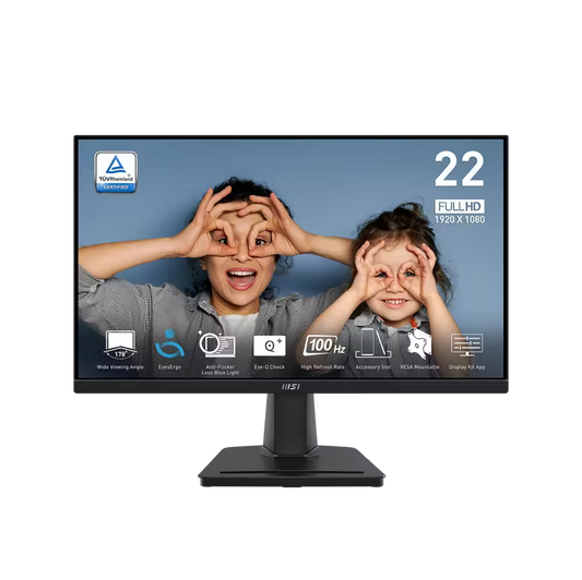 A 22-inch black LED computer monitor with a stand, shown on a white background. The screen displays a blue-themed wallpaper with a photo of a mother and child and various feature icons.