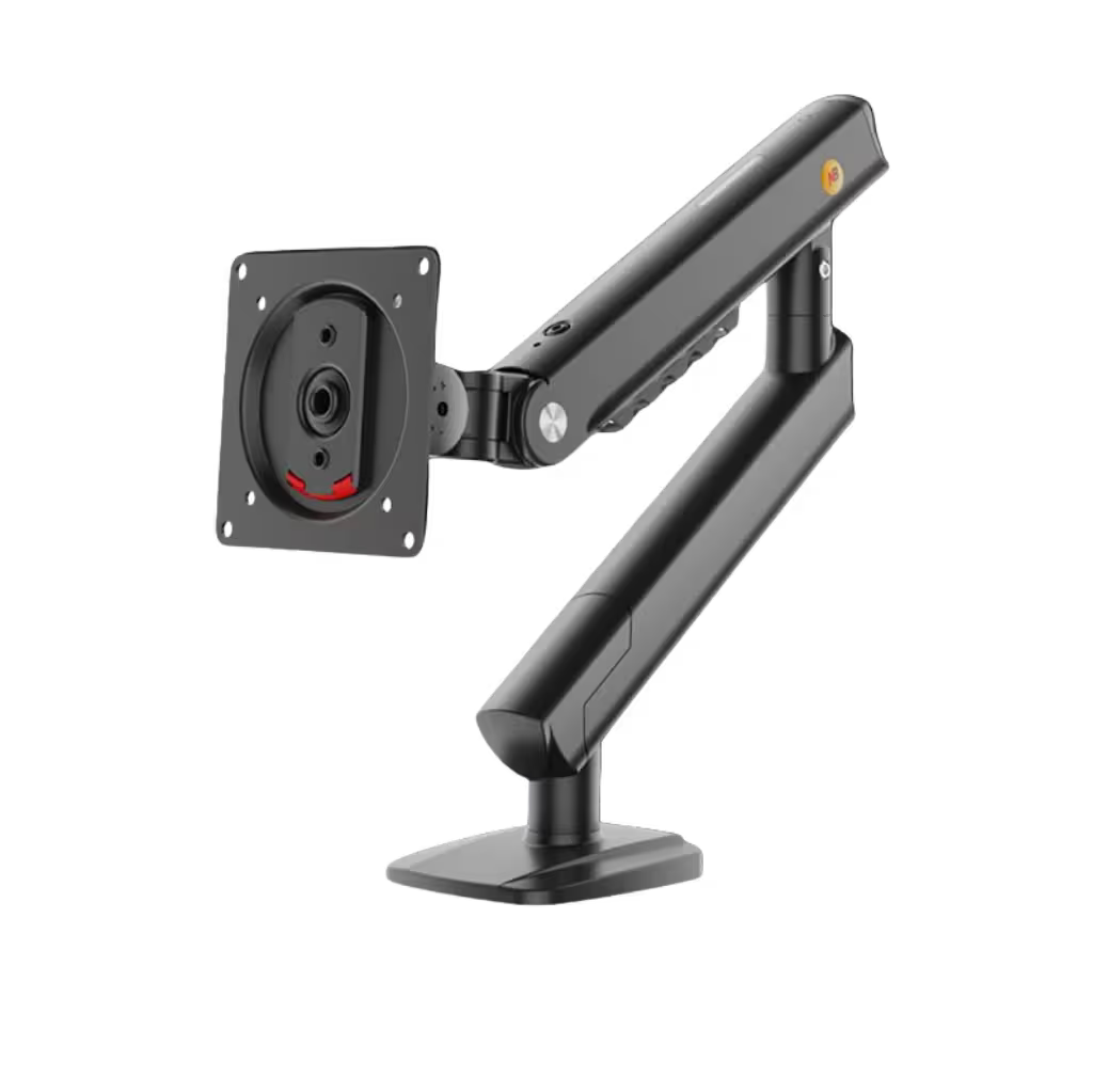 Black adjustable monitor stand on a white background