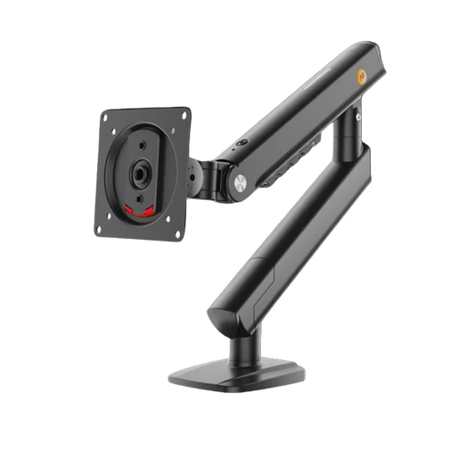 Black adjustable monitor stand on a white background