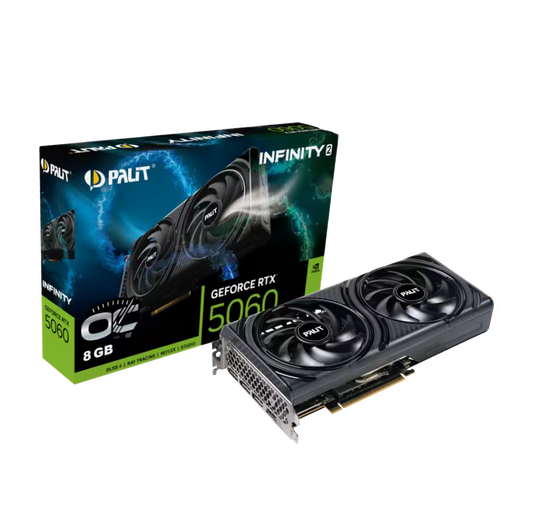 Palt Infinity 8 GeForce RTX 5060 graphics card shown next to its retail packaging box on a solid white background.