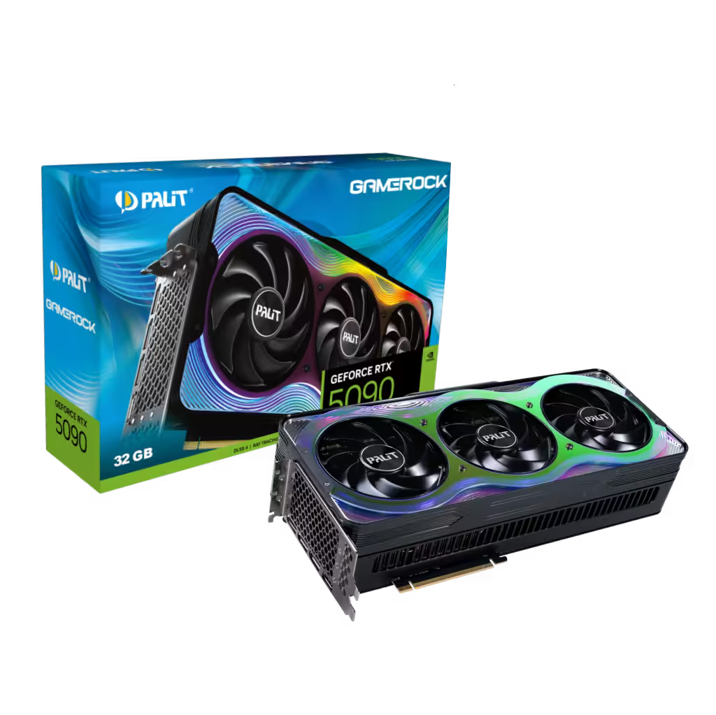 Palit GeForce RTX 5090 graphics card with packaging on a white background