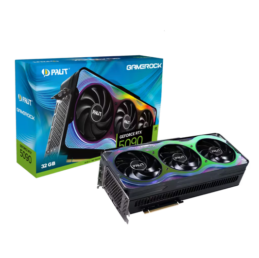 Palit GeForce RTX 5090 graphics card with packaging on a white background