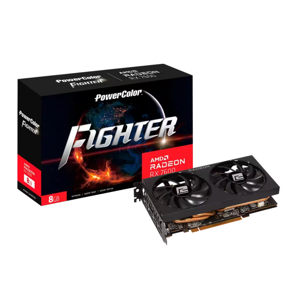 PowerColor Fighter graphics card with packaging on a black background