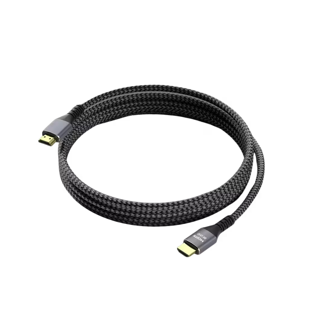 A coiled black braided HDMI cable with gold-plated connectors on a solid white background.