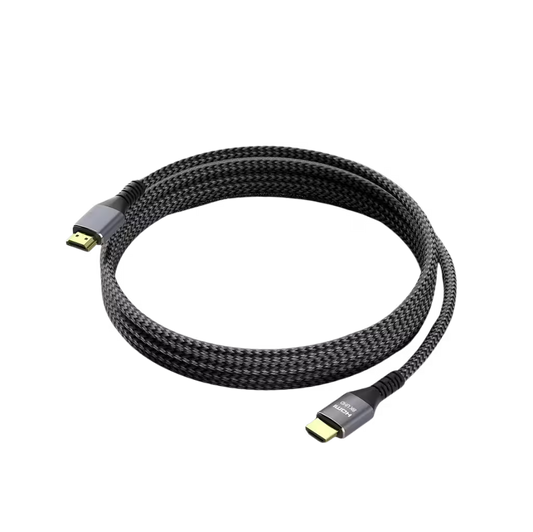 A coiled black braided HDMI cable with gold-plated connectors on a solid white background.