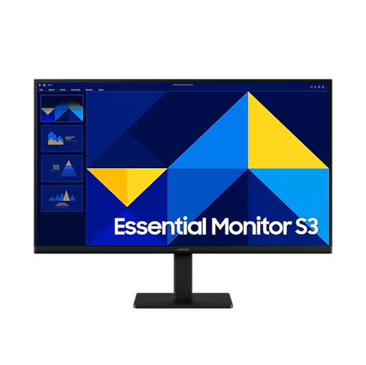 Monitor with 'Essential Monitor S3' on a blue geometric design background