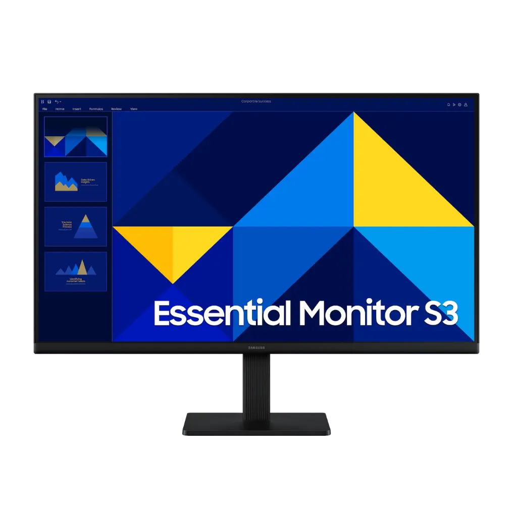 Monitor with 'Essential Monitor S3' on a blue and yellow abstract design background
