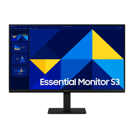 Monitor with 'Essential Monitor S3' on a blue and yellow abstract design background