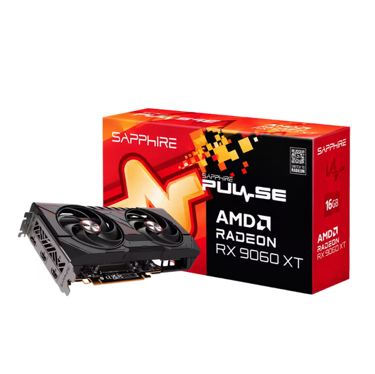 Sapphire Fluise Radeon RX 9060 XT graphics card shown in front of its red and black retail box on a plain white background.