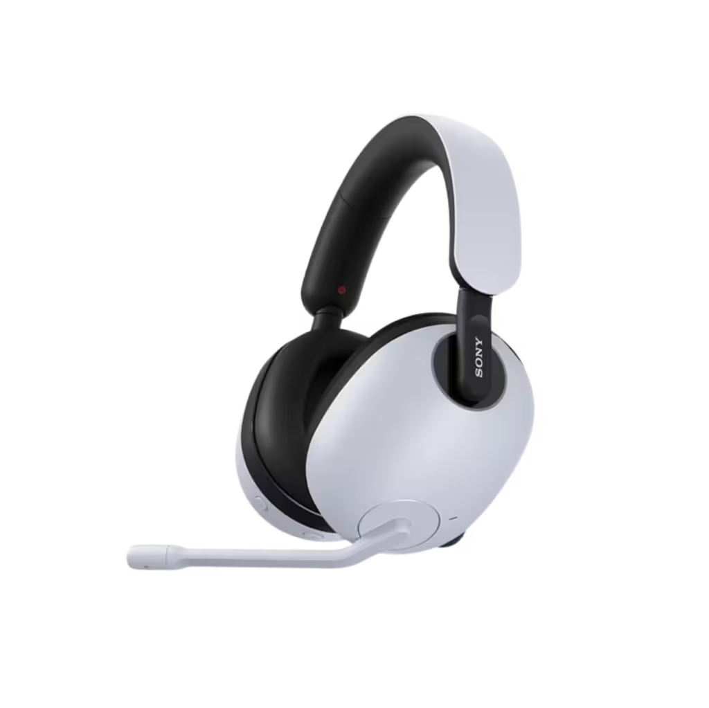 A white and black Sony over-ear headset with an attached flexible microphone, shown on a plain white background.