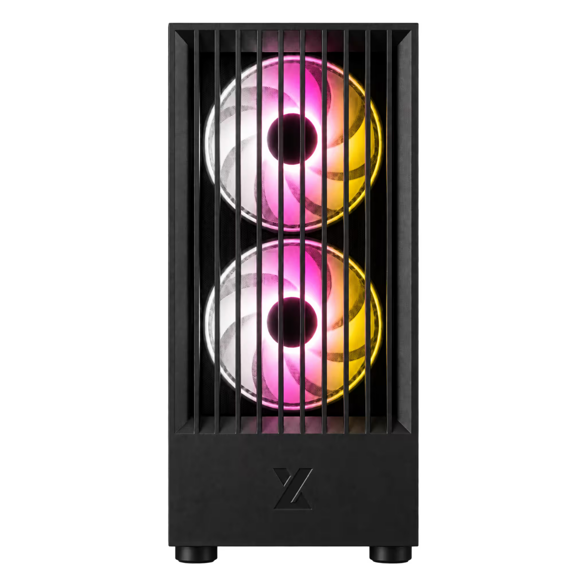 A black computer tower case with two vertically stacked RGB fans glowing in pink and purple, shown against a plain white background.