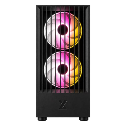 A black computer tower case with two vertically stacked RGB fans glowing in pink and purple, shown against a plain white background.