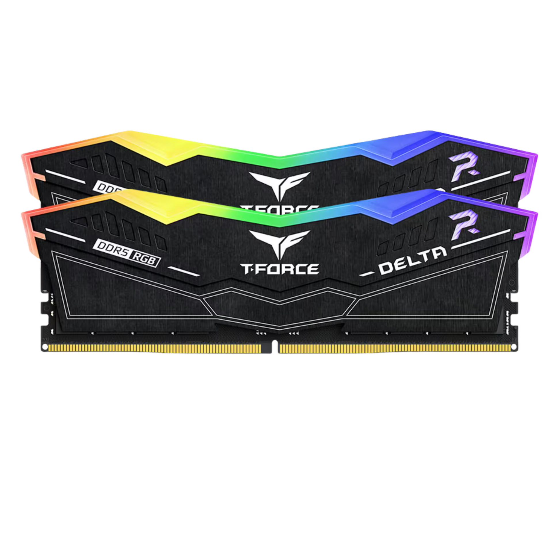 Two T-Force Delta DDR5 RAM modules with black heat pipes and vibrant RGB lighting accents, displayed on a clean white background.