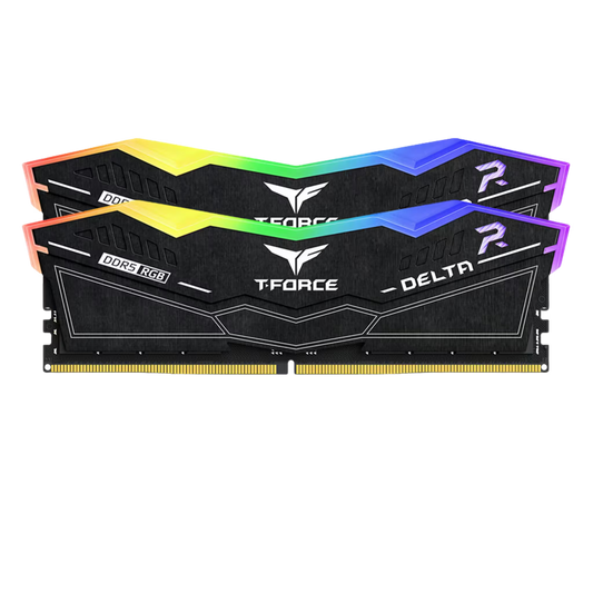 Two T-Force Delta DDR5 RAM modules with black heat pipes and vibrant RGB lighting accents, displayed on a clean white background.
