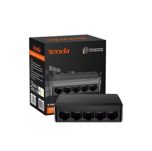 Tenda network switch with packaging on a white background