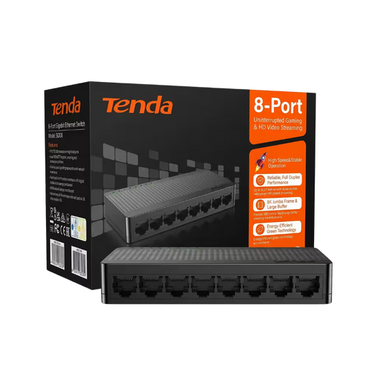 Tenda 8-port Ethernet switch packaging with product and features displayed.