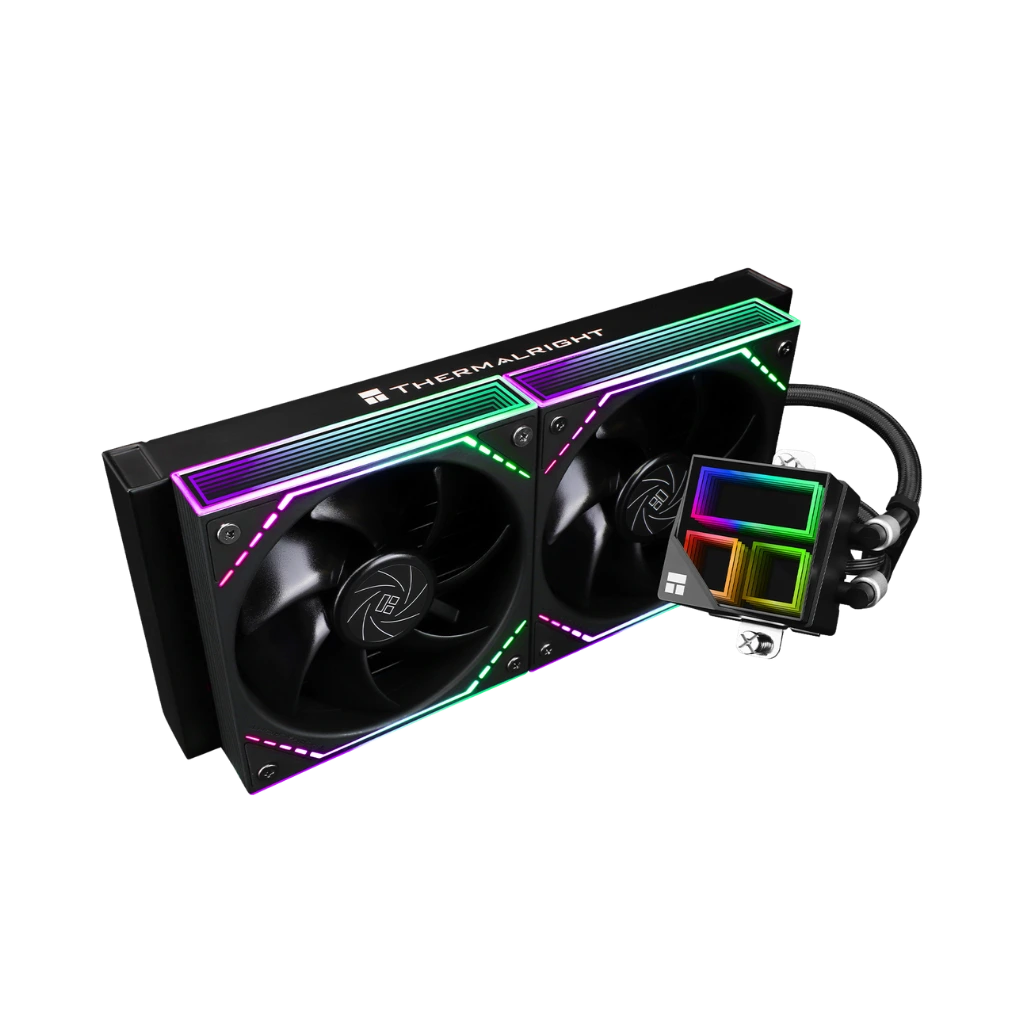 Computer cooling system with RGB lighting on a white background