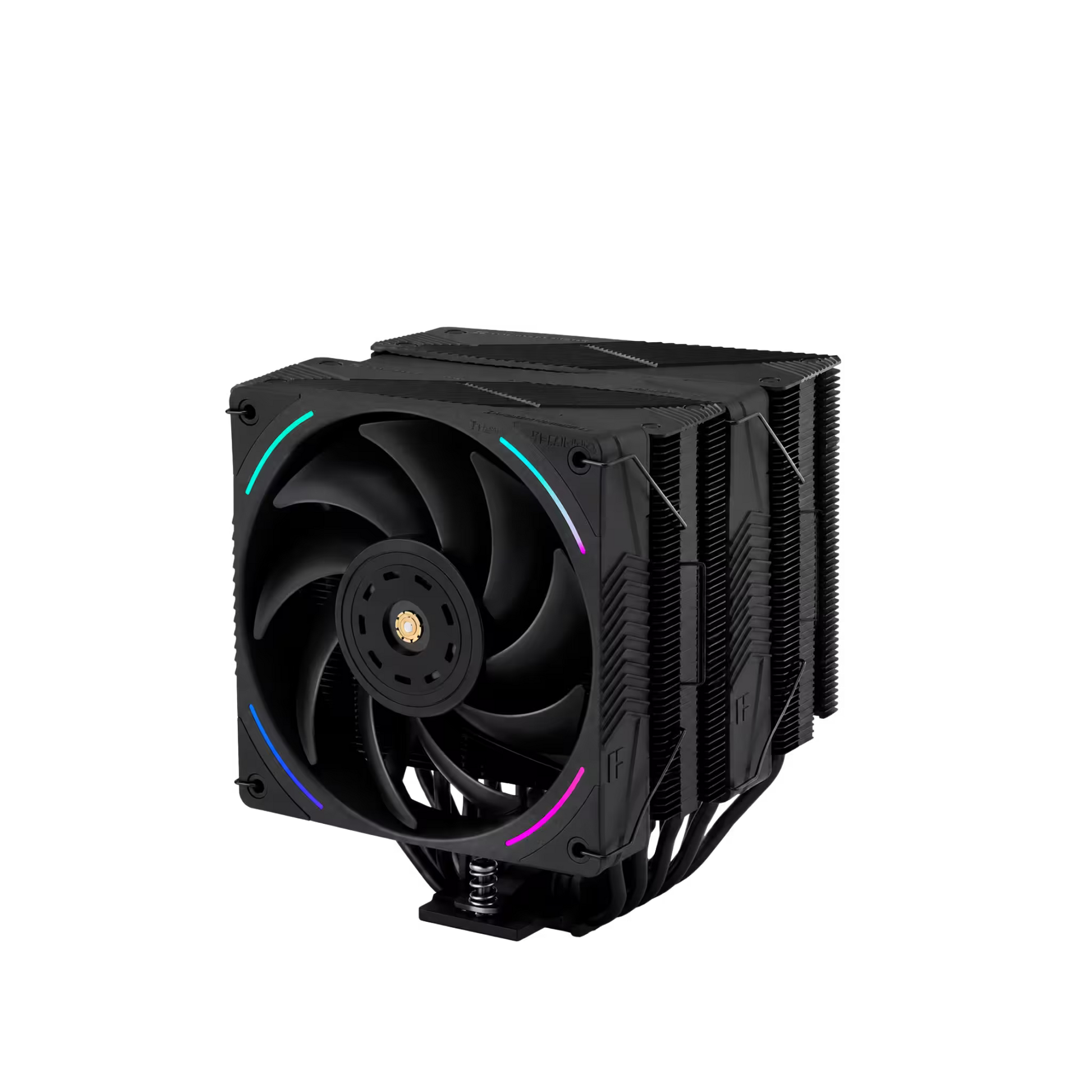 Computer cooling system with RGB lighting on a black background