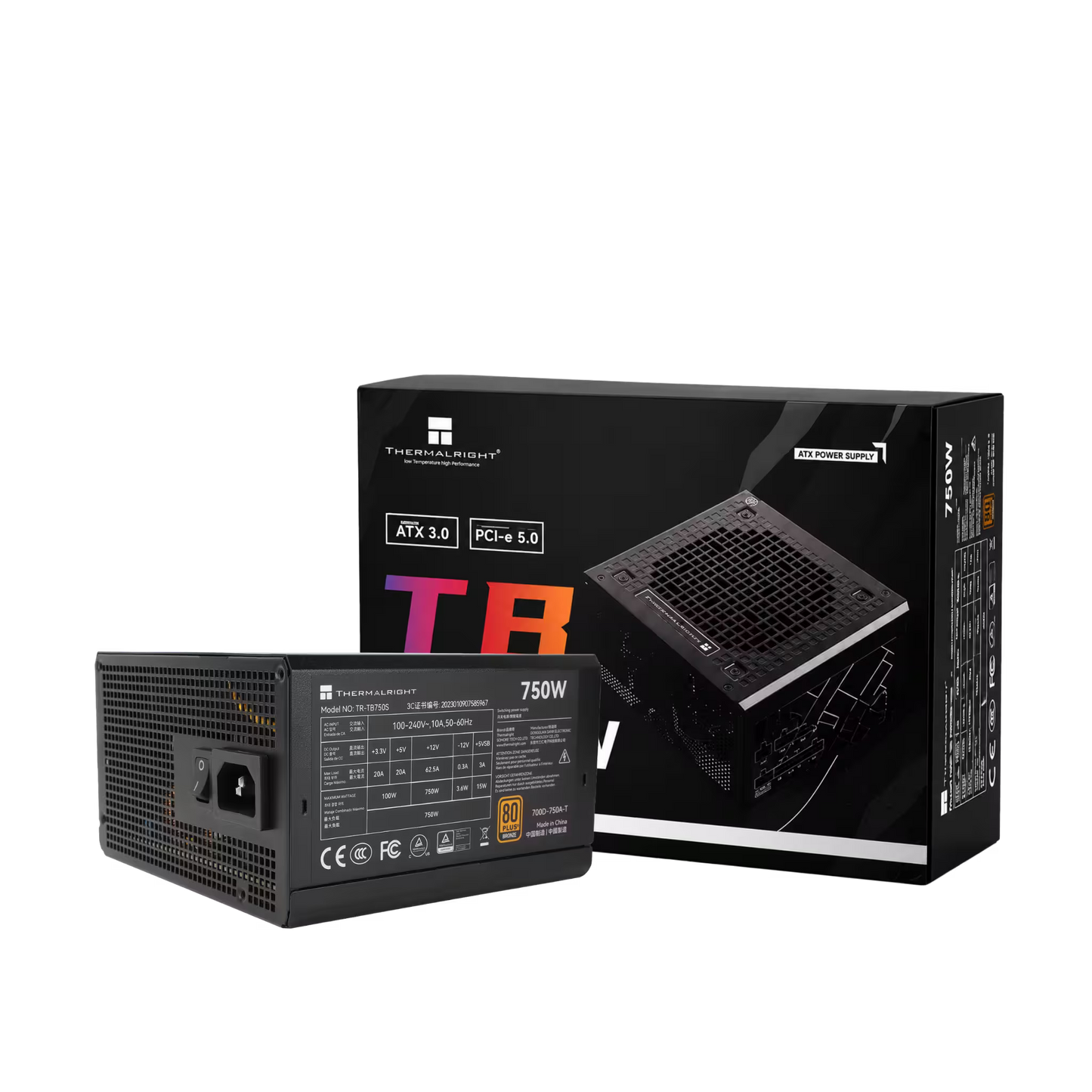 A 750W power supply unit shown from the back next to its retail packaging box. The PSU is black with a vented metal design and a power cord inlet on the left.