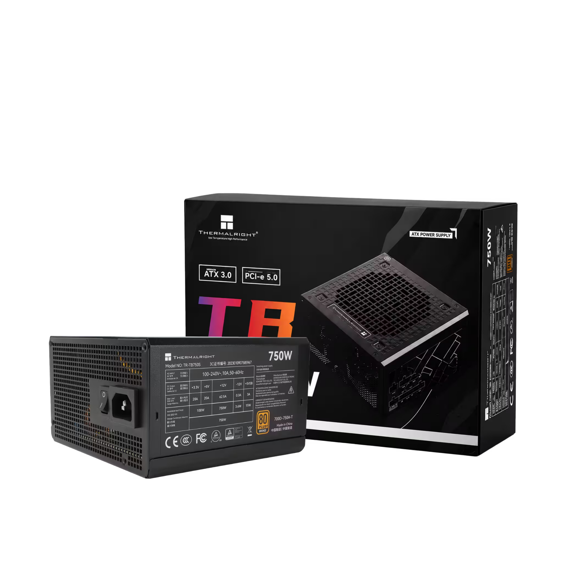 A 750W power supply unit shown from the back next to its retail packaging box. The PSU is black with a vented metal design and a power cord inlet on the left.