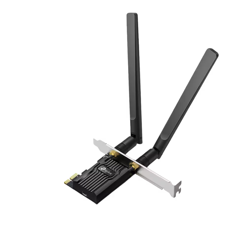 A black wireless network card with two long antennas and a silver PCIe bracket, shown on a plain white background.