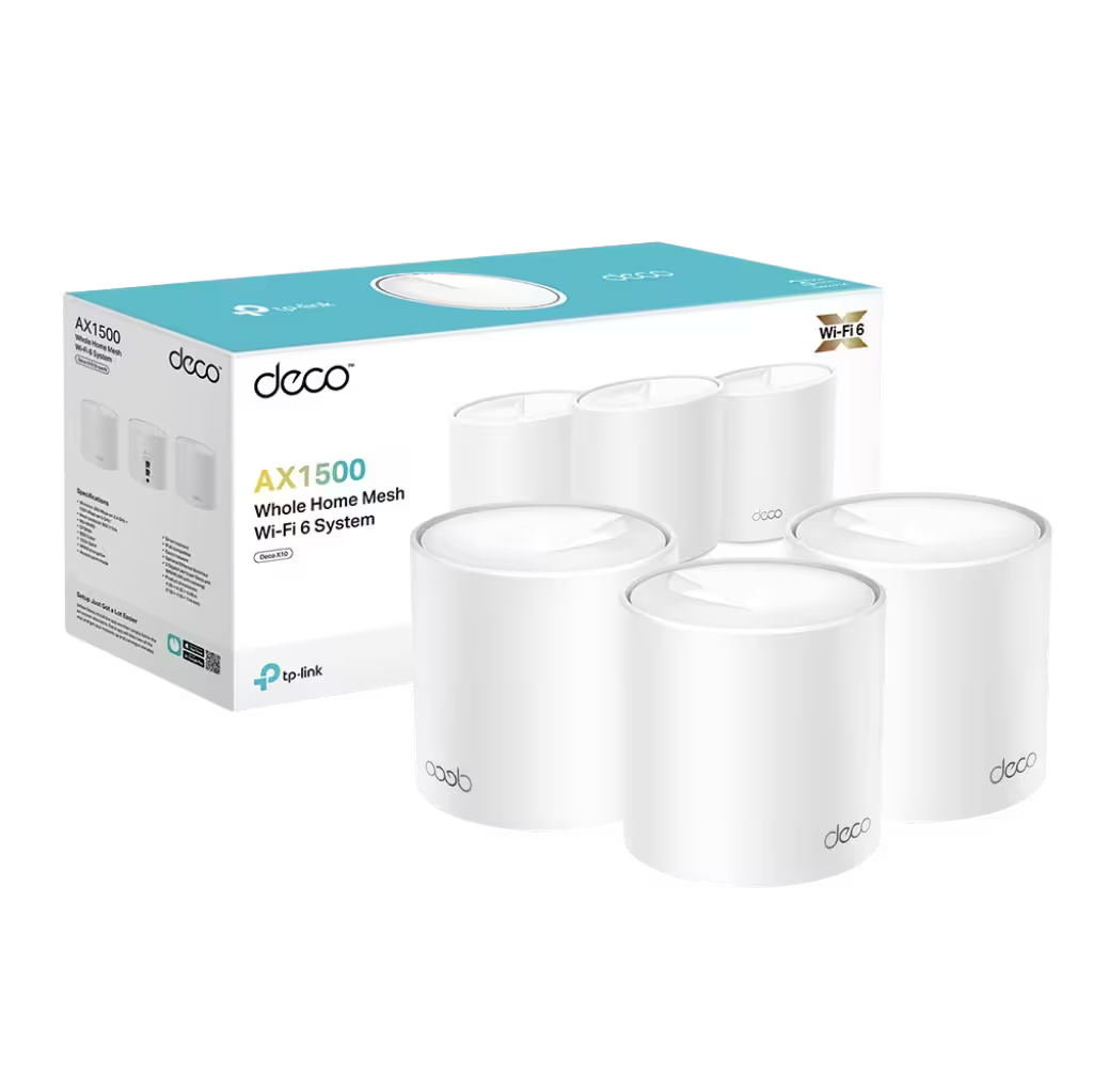 A 3-pack of Dcoaco AX1500 Whole Home Mesh Wi-Fi 6 Router 6s shown with their retail packaging box on a clean white background.