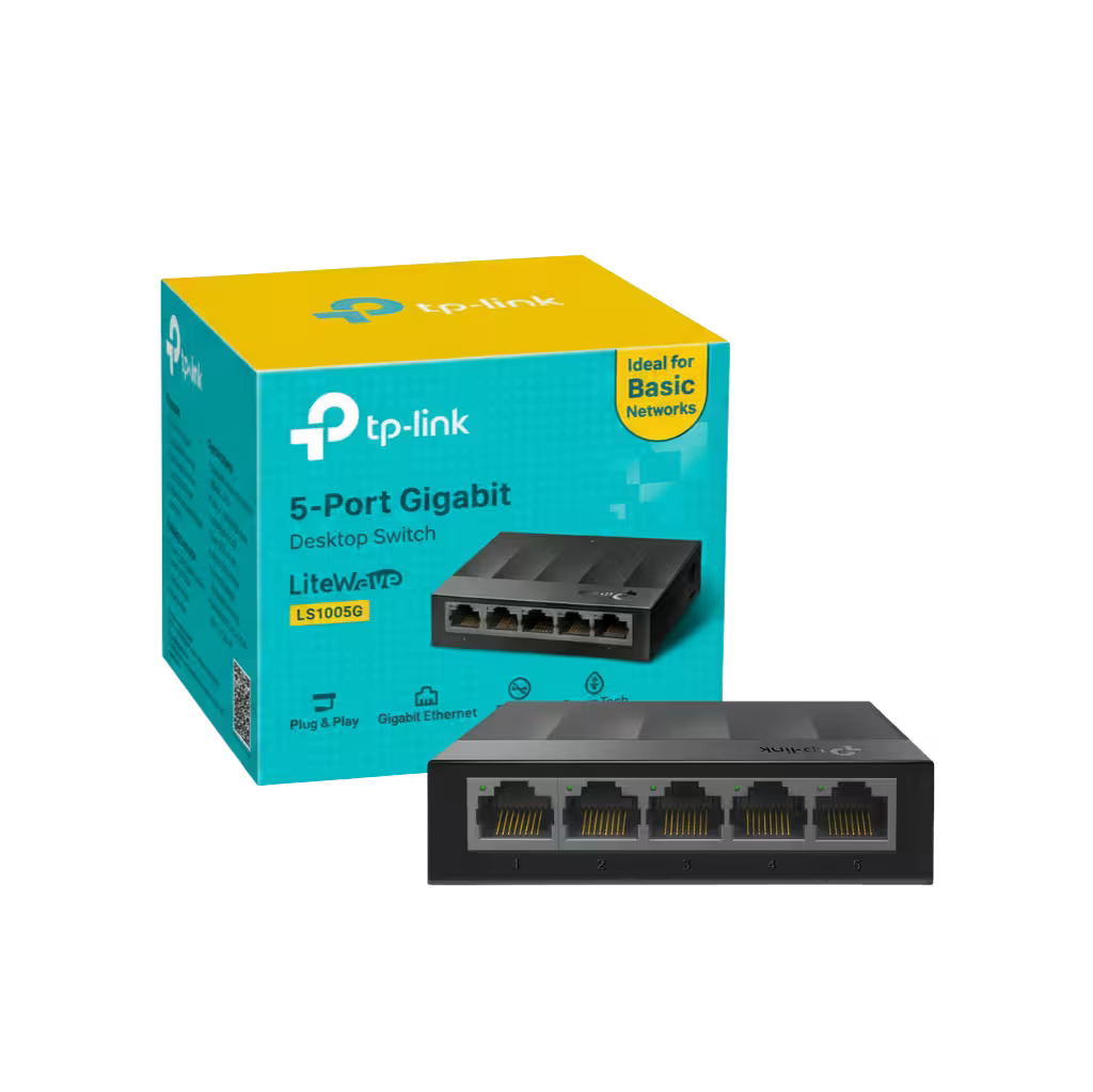 TP-Link LiteWave LS1050G 5-Port Gigabit Desktop Switch shown in front of its teal and yellow retail packaging box on a plain white background.
