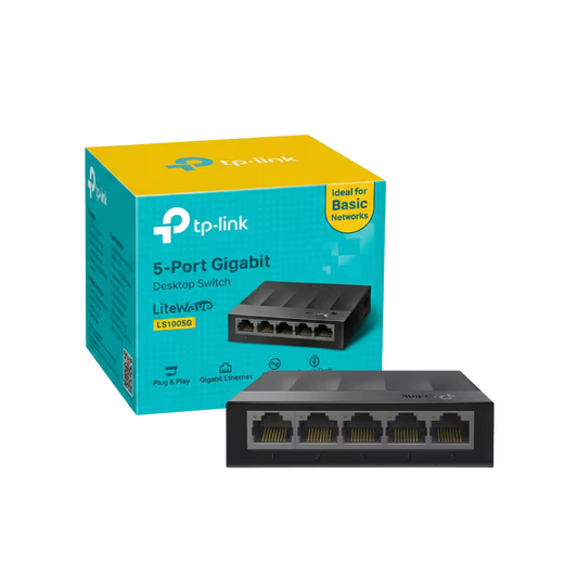 TP-Link LiteWave LS1050G 5-Port Gigabit Desktop Switch shown in front of its teal and yellow retail packaging box on a plain white background.