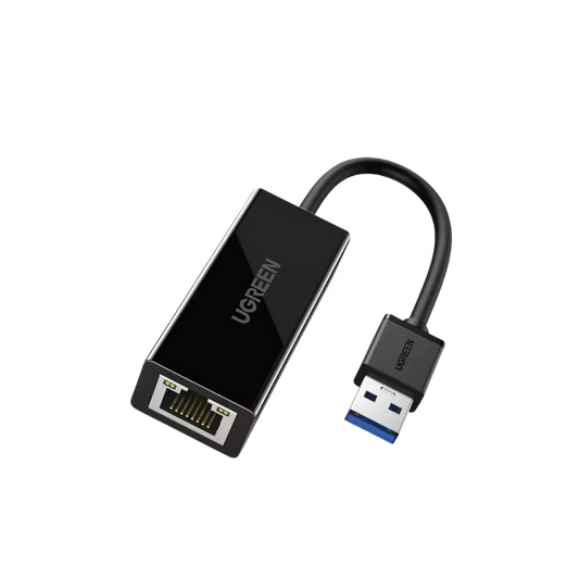 UGREEN USB Ethernet adapter with a glossy black rectangular body, RJ45 port on one end, and a USB-A connector on the other, shown on a solid white background.