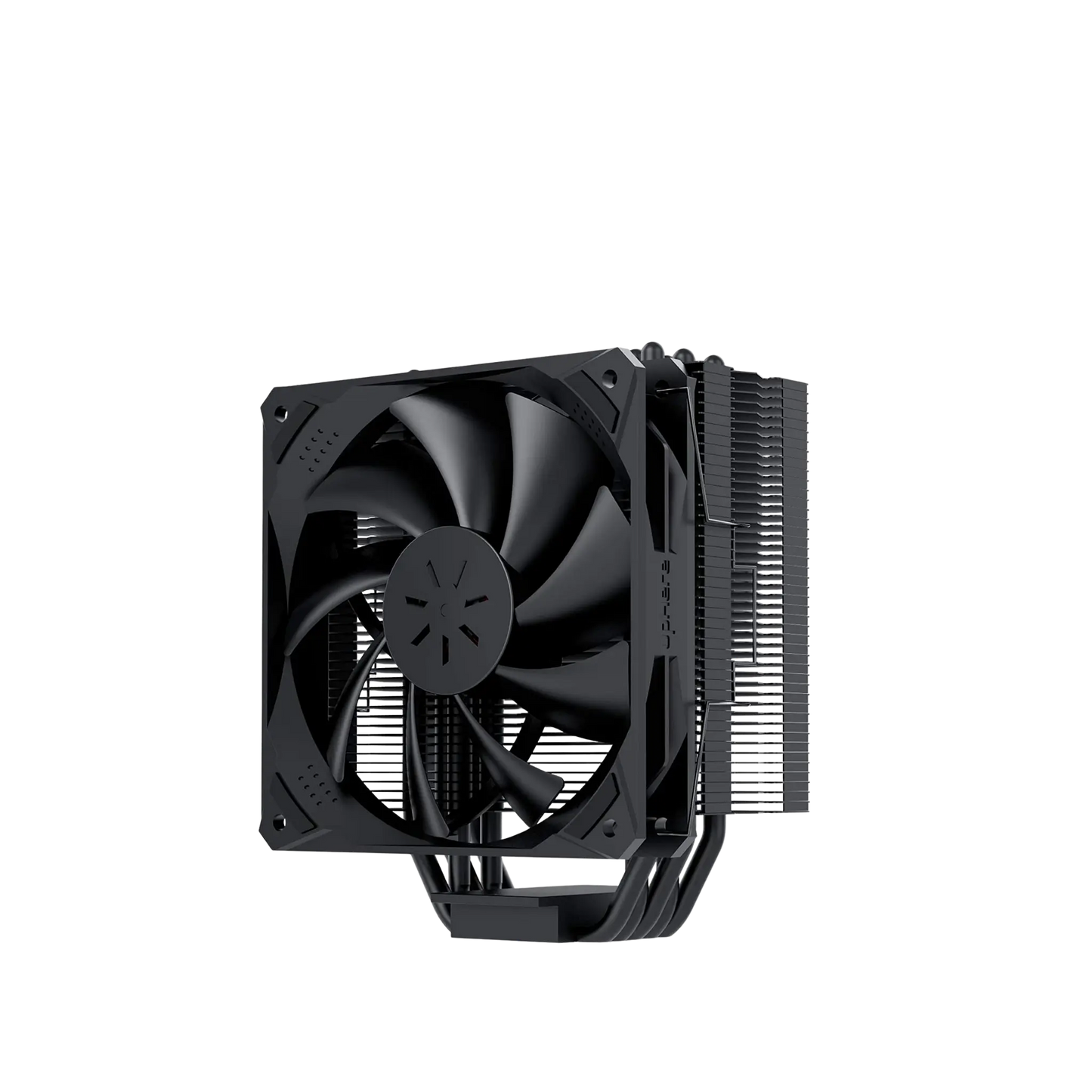 Computer cooling system with fan and heat sinks on a white background