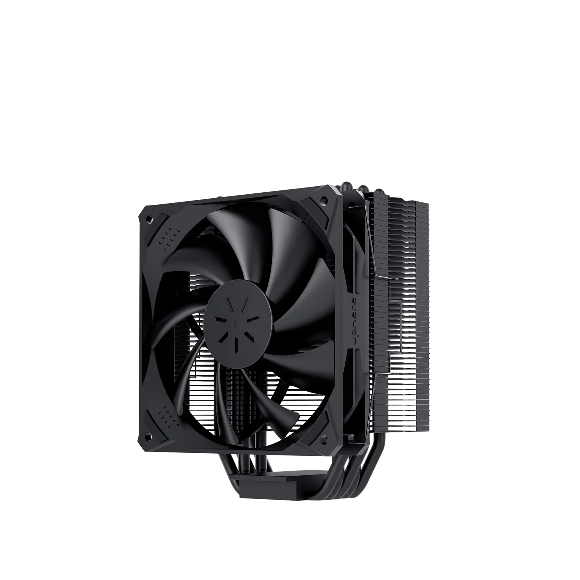 Computer cooling system with fan and heat sinks on a white background