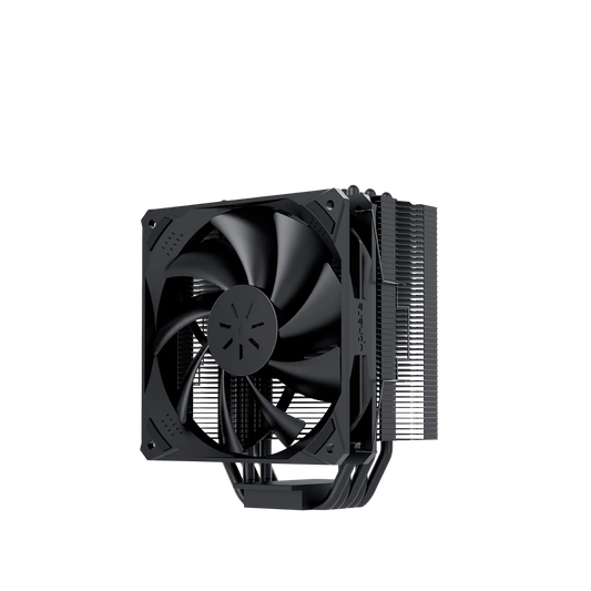 Computer cooling system with fan and heat sinks on a white background