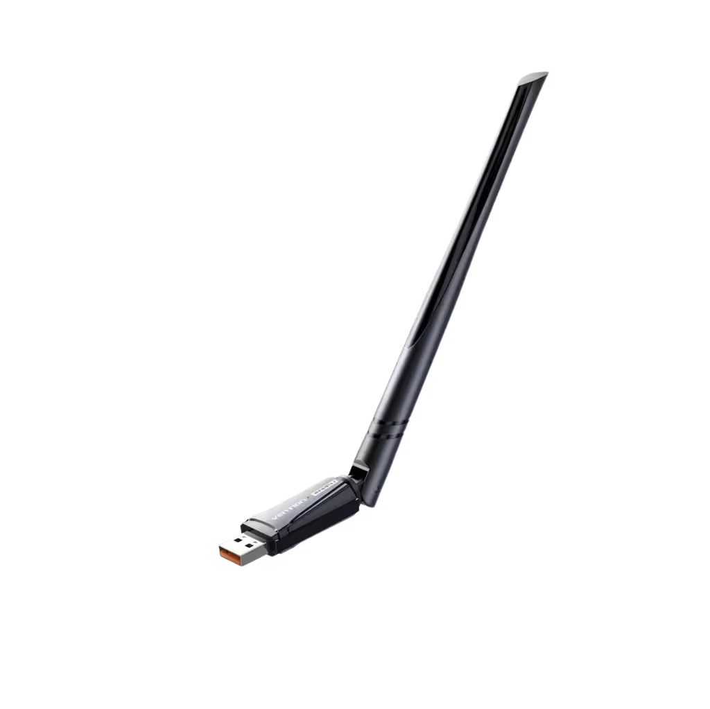 A USB wireless network adapter with a single flexible antenna, shown on a plain white background.